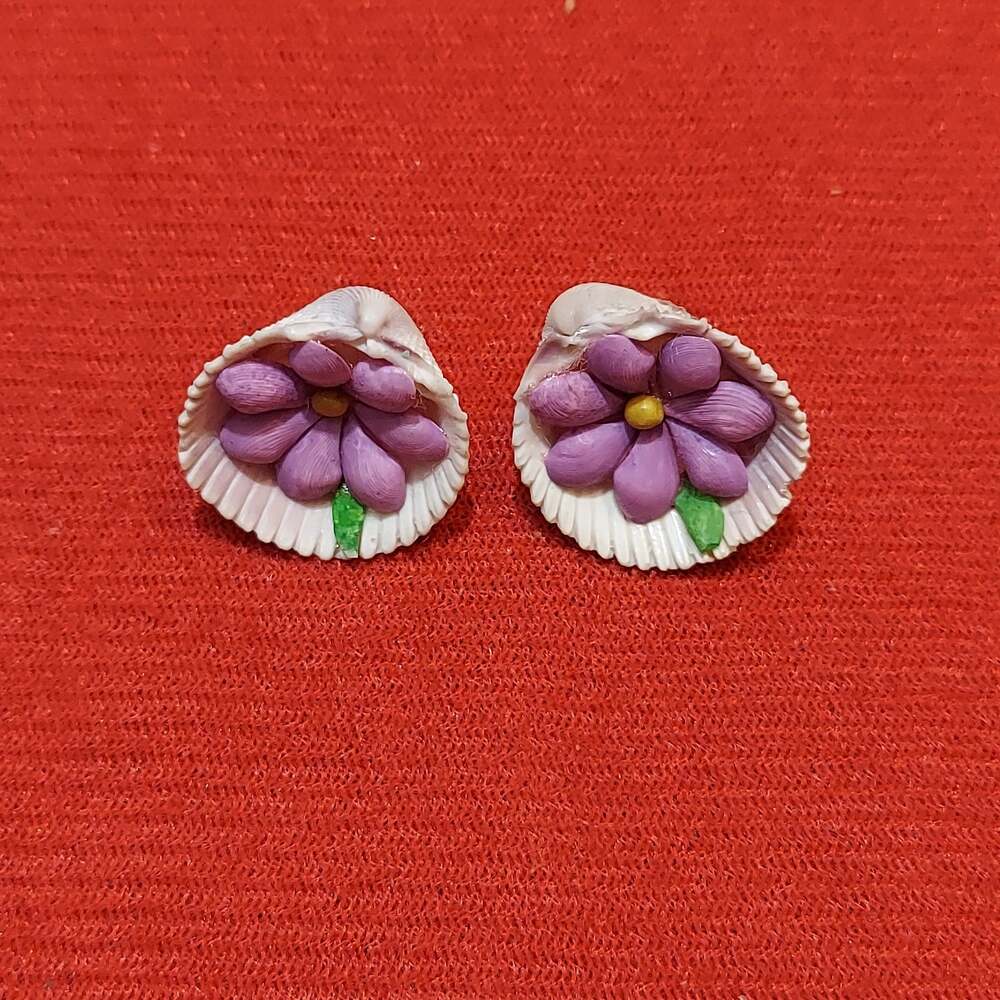 Handmade Painted Clay Purple Flower and Natural Seashell Earrings